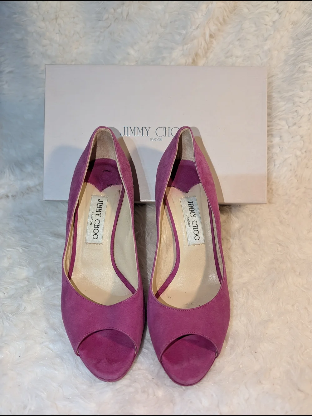 Jimmy Choo Fuchsia Suede Peep-Toe Pumps